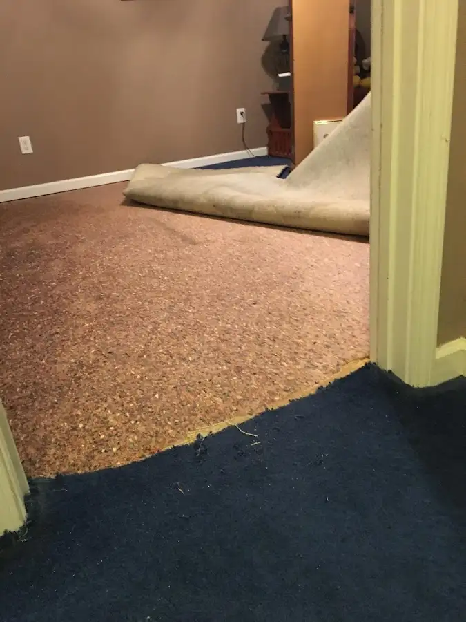 Carpet pad removal revealing water damage during Water Mitigation Services in Batavia